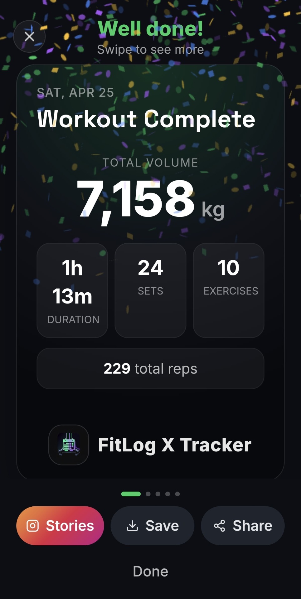 Workout complete celebration screen